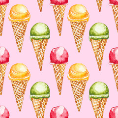 Seamless pattern. Red, yellow and green ice cream in a waffle cone. Hand drawn watercolor illustration isolated on a pink background. - 370117792