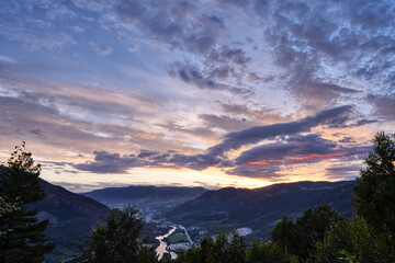 View over Gol, Norway. Beautiful sunset over the mountains. Shot from Liagardane, a place located high over the city Gol. © SteinOve