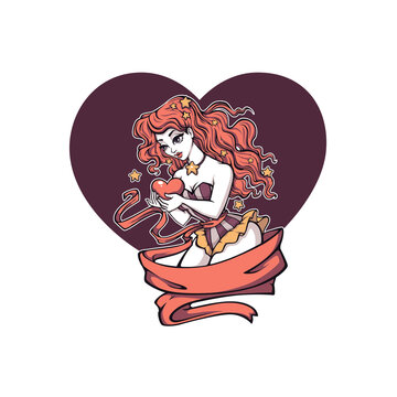 fantasy pinup girl holding a heart, vector illustration for your print