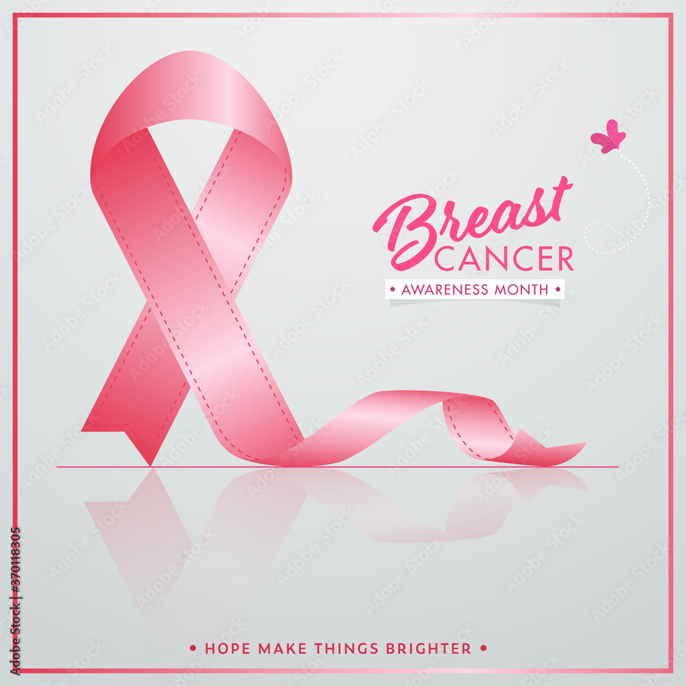 Sticker Breast Cancer Awareness Month Poster Design with Pink Silk Ribbon and Paper Butterfly on Glossy Grey Background.