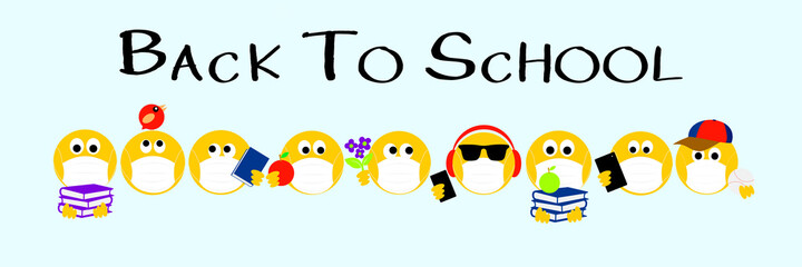 Back to school, Coronavirus, covid 19, banner heading, emoji wearing face masks. Youth concept of coronavirus.