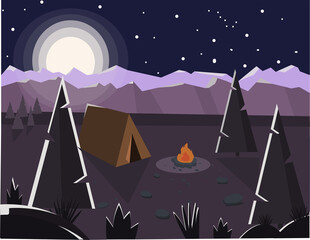 Vector illustration of camping at night with a beautiful view of the mountains. Family camping in the evening. Tent, fire, forest and rocky mountains in the background, night sky with clouds..