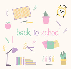 Back to school vector set of elements.  educational clipart collection. Cute flat style. School supplies, notebooks, textbooks.