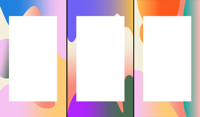 Bright cover designs in cartoon style for brochures, stories, applications. Vector flat set of cover designs with abstraction and trendy gradient. Set of backgrounds with place for text.