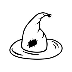 Hand drawn witch hat isolated on a white background. Element for celebrating Halloween. Doodle, simple outline illustration. It can be used for decoration of textile, paper and other surfaces.