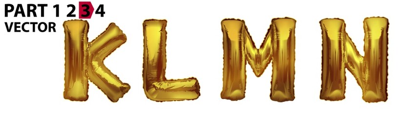 KLMN gold foil letter balloons on white background. Golden alphabet balloon logotype, icon. Metallic Gold KLMN Balloons. Text for children's reading, vector eps