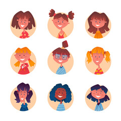 Girls avatars set vector illustration. Cute young different girls portrait on white background.