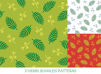 Seamless patterns set with herbs and flowers. Hand drawn vector illustration for packaging design templates and textile.