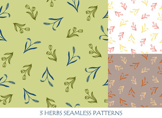 Seamless patterns set with flowers and herbs for packaging design templates and textile. Hand drawn vector illustration.