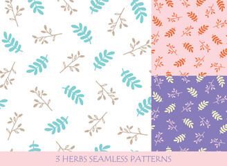 Herb and branch seamless patterns set for packaging design templates and textile.Vector illustration.