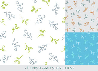 Seamless patterns set with herb and flower for packaging design templates and textile. Hand drawn vector illustration.