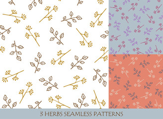 Seamless patterns set with herbs for textile. Hand drawn vector illustration.
