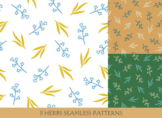 Seamless patterns set with herbs and flowers. Hand drawn vector illustration.