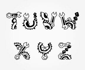 Mechanical font. Black vintage steampunk alphabet for logo and text. Vector illustration with letters.
