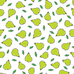 Vector seamless pattern with green pears. Organic healthy fruits background.