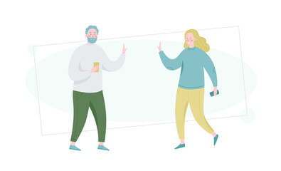 Cartoon style friendly handshake composition with smilling man and woman. Vector illustration.
