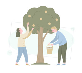 Man and woman picking apples from the tree. Cartoon vector illustration.