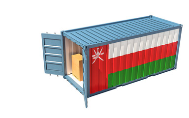 Freight Container with Oman flag. Isolated on white background. 3D Rendering