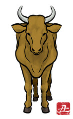 茶色い牛　正面 - 丑年　年賀状素材