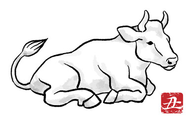 寝そべる牛　モノクロ - 丑年　年賀状素材