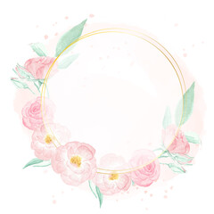 watercolor pink wild rose with golden frame wreath on pink splash background