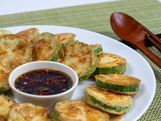 Korean food : Hobakjeon. Zucchini sliced, flour-coated, and pan-fried in egg batter.