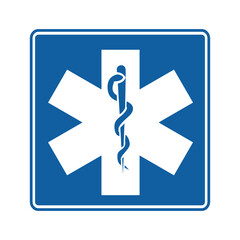 Star of life. Vector illustration of Caduceus health symbol Asclepius's. Medical symbol with snake. Informative road sign. Symbol of Emergency Medical Services.