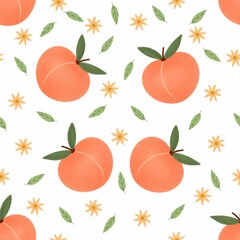 Plump Peaches with Daisies and Leaves Seamless Pattern Design
