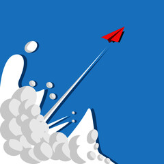 Red paper airplanes flying on sky and cloud. style of business success and leadership creative concept idea