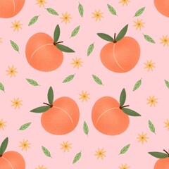 Plump Peaches with Daisies and Leaves on Pastel Pink Seamless Pattern Design