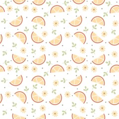 Orange Slices with Daisies and Leaves Seamless Pattern Design