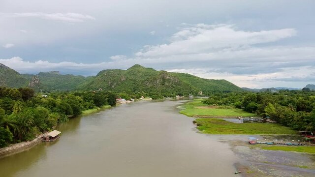 Panorama view of the River Kwai and the mountains of Kanchanaburi Thailand. 