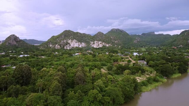 Panorama view of the River Kwai and the mountains of Kanchanaburi Thailand. 