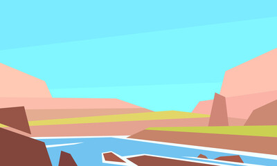 Low poly landscape. River. Horizontal vector illustration