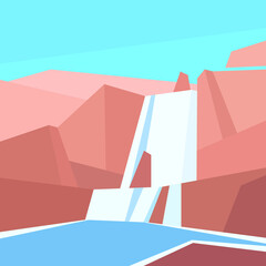 Low poly landscape. Waterfall in rocks. Square vector illustration
