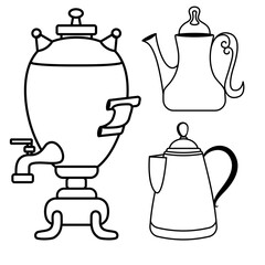 Vector set. Kettles of samovars. Graphic design. Vector illustration.