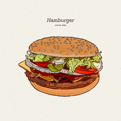 burger with meat and cheese illustration by hand, fast food. Hand draw sketch vector.