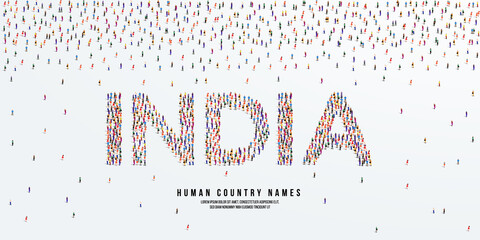 Human country name India. large group of people form to create country name India. vector illustration.