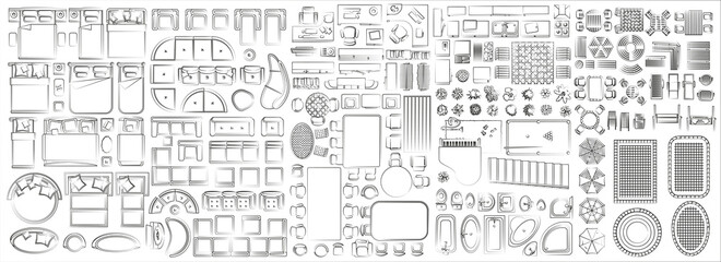 Set of linear icons. Interior top view. Furniture and elements for living room, bedroom, kitchen, bathroom. Floor plan (view from above). Furniture store.