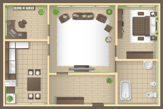 Apartment floor plan. (top view) Furnished flat. (view from above) Interior architecture. Living room, bedroom, kitchen, bathroom, office. 