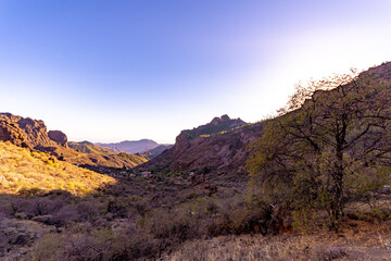 beautiful landscape of gran canaria ravine in the town of ayacata with wild vegetation and mountains bathed in sun and shadows