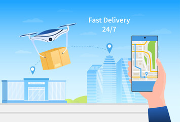 Drone Delivery Concept. A hand with a smartphone controls the delivery route of the quadcopter. The drone flies with a box over the map. Express air delivery. Perfect for landing or design Flat Vector