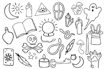 Big black magic vector icon set. Outlined monochrome doodle elements. Witchcraft equipment for tattoo, print design, t-shirt logo. Hand drawn brushstroke crystal ball, mushroom, potion etc. EPS 10