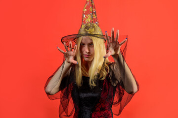 Scary witch. Halloween advertising. Woman in witch costume. Trick or treat. Happy Halloween....