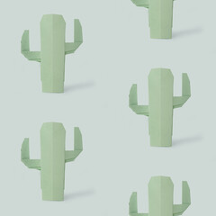 Origami succulent cactus plant on a mint blue background pattern