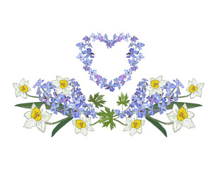 Semicircular frame and heart made of narcis and delphinium flowers. Save the date invitation template