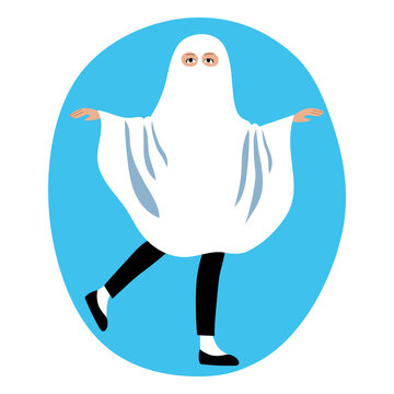 Kid dressed as a ghost for a carnival halloween party. Costume white fabric with holes for the eyes. Clip art for holiday cards invitations flyers. Stock vector flat illustration isolated.