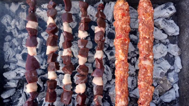 Homemade Turkish Sish Kebabs Cooking on the Barbaque