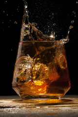 Close-up ice cubes falling into a glass