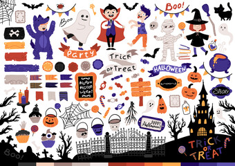 Halloween Kids Costume Party set. A group of kids in various costumes for the holiday. Vector illustration of characters, lettering, templates and Halloween elements in a simple cartoon hand-drawn